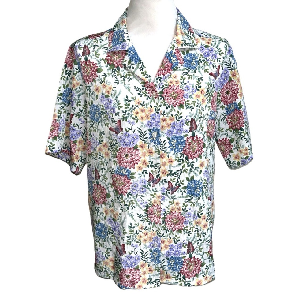 BonWorth Floral Print Top White Pink Green Accents Summer Mens Size S EUC